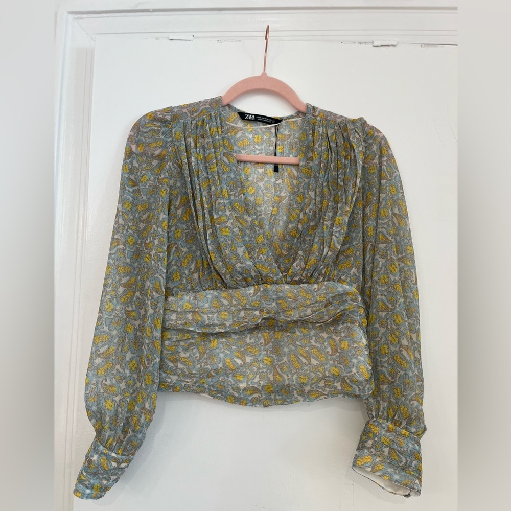 Zara Women's Sheer Floral Blouse - Yellow and Green